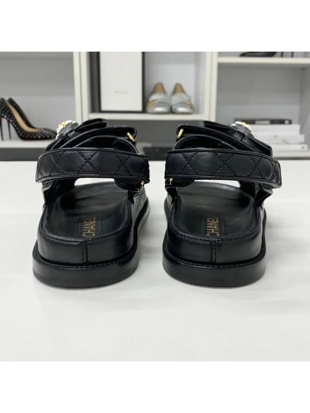 Chanel CC Logo Quilted Camellia Rhinestone Leather Sandals